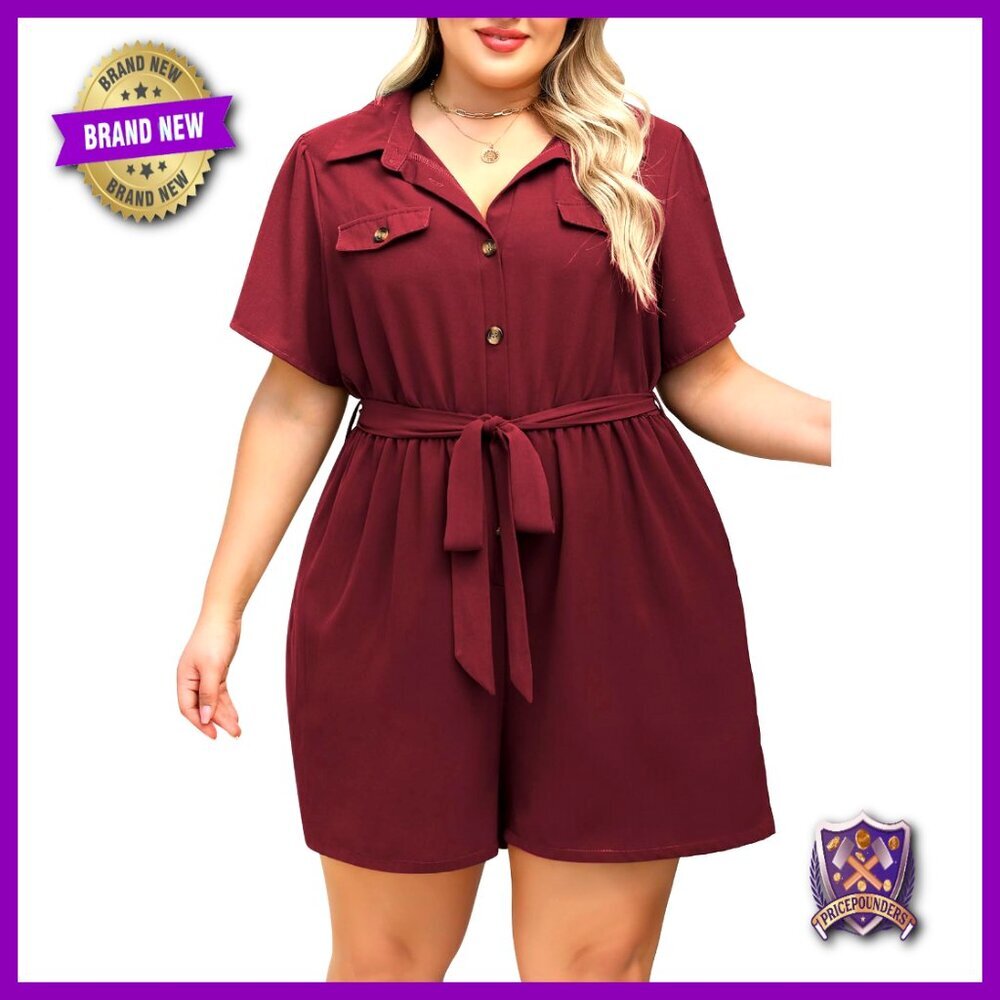 Plus Size Short Sleeve Romper with Belt and Pockets, Casual to Dressy